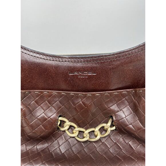 Lancel [Authentic] Curb‎ Dark Brown Leather Weave Gold Chain Shoulder Bag, EUC - Picture 3 of 13